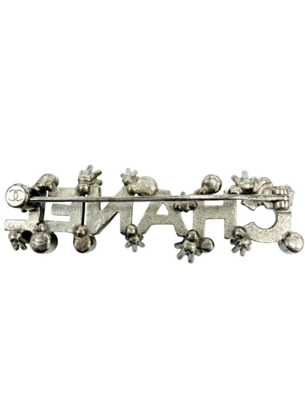 Chanel Metal Logo Rhinestone Brooch Silver